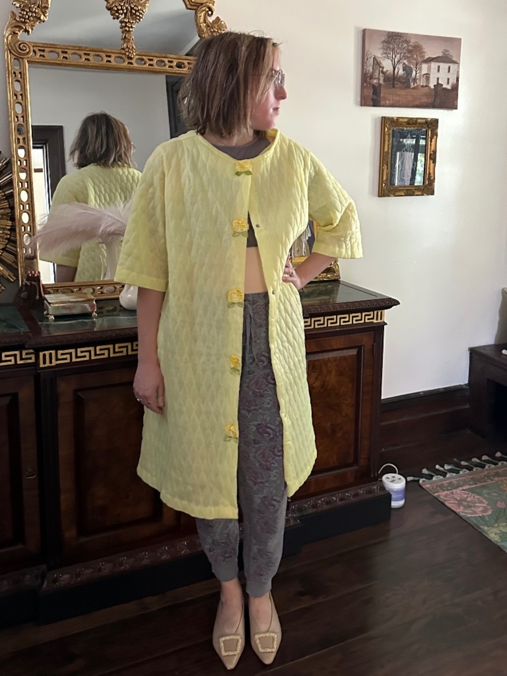 Vintage 60s Lemon Yellow Quilted Robe/House Coat, Fits Like XL